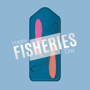 快乐渔业日插图。矢量礼物集两个缠绕，钩子和圆圈在包上隔离在蓝色背景上。渔业