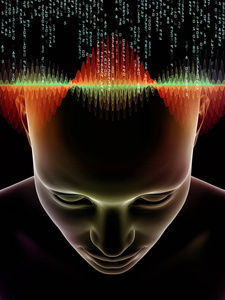心灵电波系列。由3D人体头部和技术符号插图组成的背景滴，适用于意识大脑智力和人工智能项目