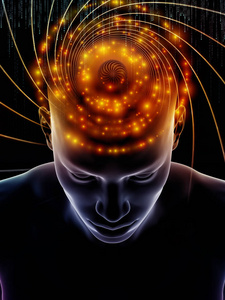 心灵电波系列。人类头部三维插图和技术符号的抽象背景，用于意识大脑智力和人工智能项目