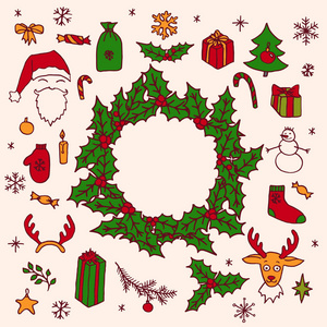 圣诞手绘涂鸦冬青花环框架与圣诞老人云杉树驯鹿雪人雪花礼物装饰品冬青蜡烛星星。 矢量寒假插图。