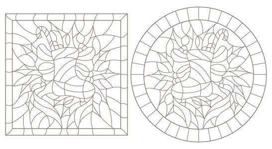 一套彩色玻璃风格的新年轮廓插图和克里斯马索克与礼物和糖果冬青枝和丝带在框架圆形和方形图像。