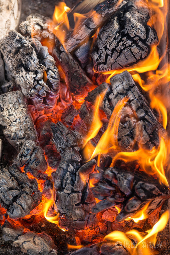 燃烧的火和木煤关闭
