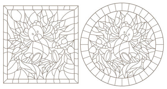 一套彩色玻璃风格的新年轮廓插图和基督灰熊冬青树枝和丝带在框架圆形和方形图像。