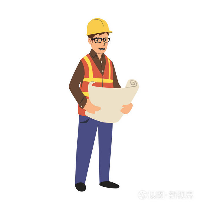 们在工作服上说话建筑人图标, 简单的风格工程师卡通人物被隔离在白