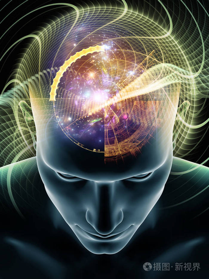 心理波动系列关于意识大脑智力和人工智能主题的人脑和技术符号三维
