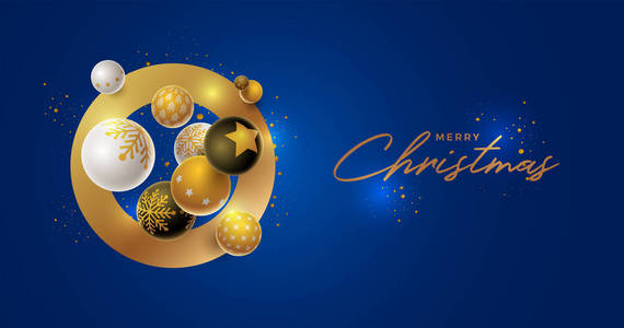 抽象圣诞节和新年贺卡设计与3D白色黑色和金色圣诞球。 元素在向量文件中分别分层。