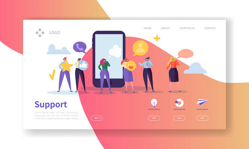 在线技术支持登陆页面模板。协助服务网站布局与平面人物热线接线员。易于编辑和自定义移动网站。矢量插图