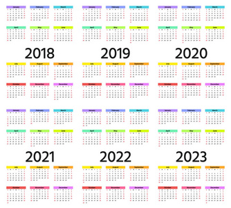 日历2018,2019,2020,,2022,2023年. 星期从星期天开始. 矢量.