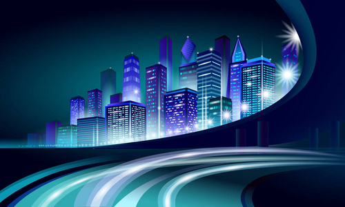 智能城市3d 霓虹灯闪耀的都市风光。智能楼宇自动化夜未来经营理念。网络在线生动色彩赛博朋 retrowave。城市技术横幅矢量插
