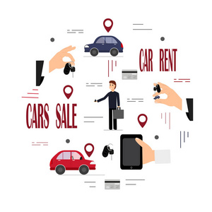 关于租赁和销售汽车主题的彩色矢量插图。 手钥匙汽车和其他东西。