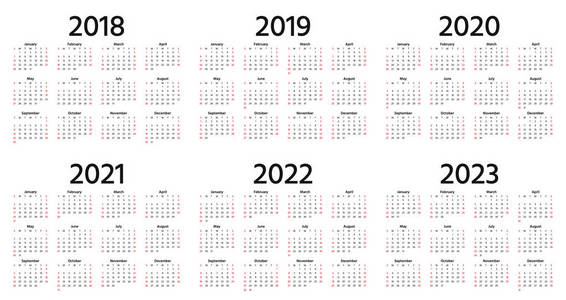 日历2018,2019,2020,,2022,2023年. 矢量. 星期从星期天开始.