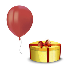 真实的空气飞行红色气球与反射和黄色礼品盒隔离在白色背景。 任何节日的节日装饰元素。 矢量插图