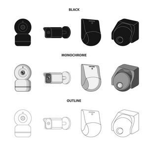 对闭路电视和摄像标志的矢量图解。网络中的闭路电视和系统股票符号集