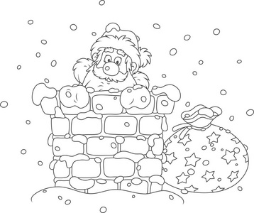 圣诞节前一天晚上，圣诞老人从一个覆盖着雪的屋顶上的烟囱里往外看。 黑白矢量插图