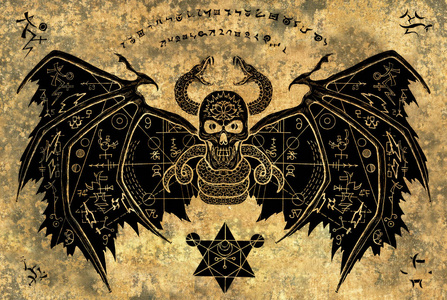 有翅膀的恶魔与神秘的符号在格鲁格纸背景.