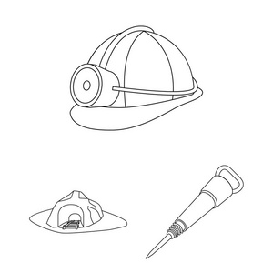 采矿业轮廓图标集合中的设计。设备和工具矢量符号库存 web 插图