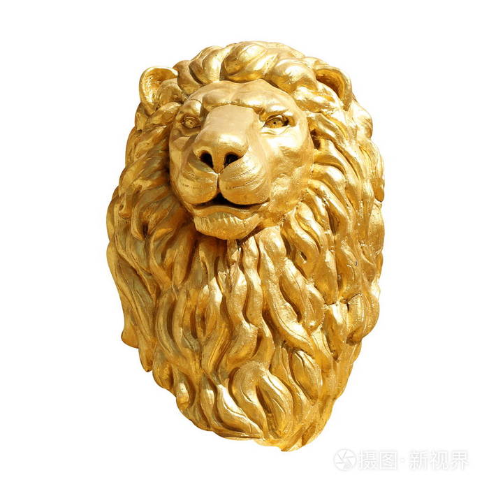 狮子头金色狮子头脸雕像隔离白色背景