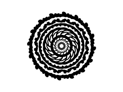 白色背景上的黑色层状曼陀罗。 简单的手绘曼达拉矢量。 圆形邮票模板。 孤立的圆圈装饰品。 抽象奖章。 手绘印章或纹身。 彩色曼陀