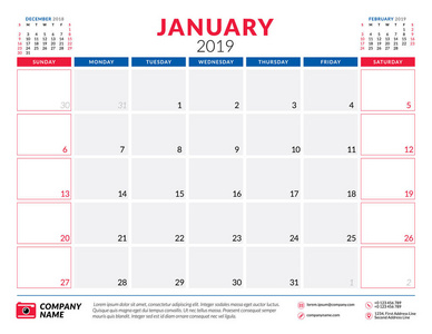 2019年1月日历规划师文具设计模板。 矢量图。 星期天开始