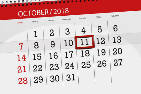 日历计划者为月, 期限天的星期 2018 10月, 11, 星期四