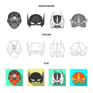 矢量图示英雄和面具图标。收集英雄和超级英雄的股票矢量图标