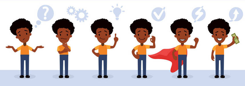 儿童思考卡通字符集聪明的年轻人, 商人, 经理或孩子, 小学生, 学生