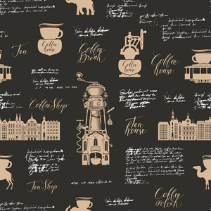矢量无缝图案的茶和咖啡主题与各种咖啡符号和铭文背景的旧手稿复古风格。 可用作壁纸或包装纸