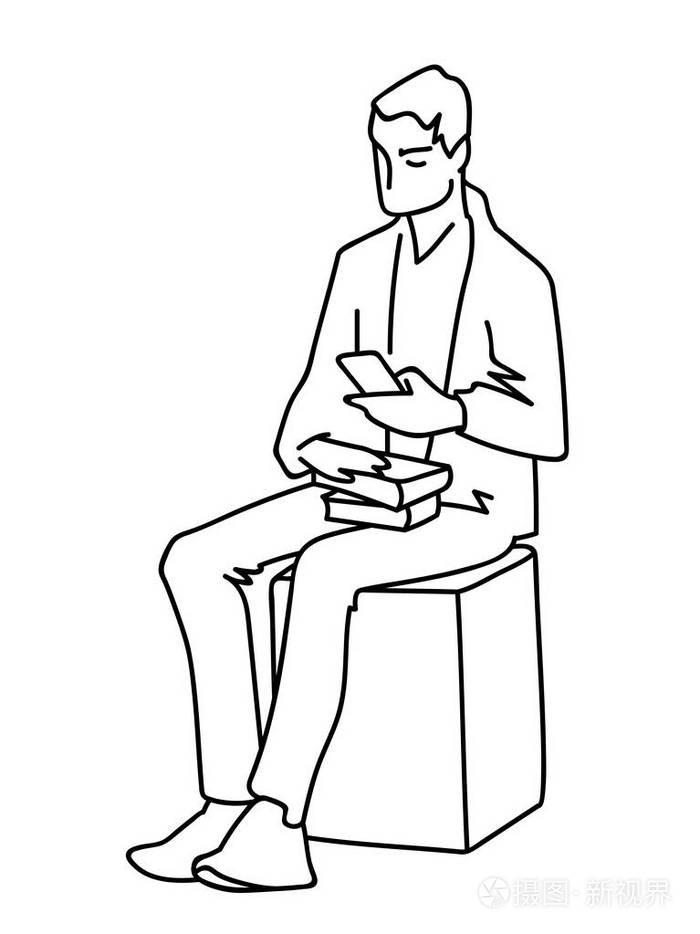 简单线条艺术风格中的人检索信息的矢量图解.单色手绘素描