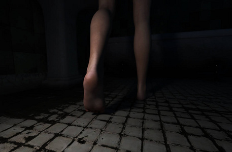 s legs walking to bathtub in the dark,Horror concept 3d illustra