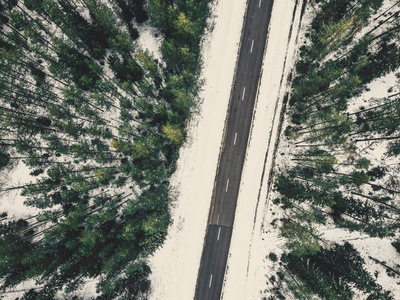 冬季的空中无人机摄影，在多云天气的伍兹与白雪之间，复古的外观编辑