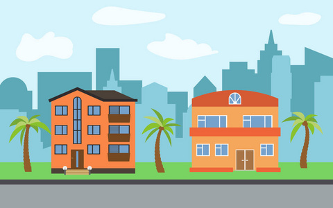 在阳光明媚的日子里,有三层和两层卡通房屋和棕榈树的矢量城市.