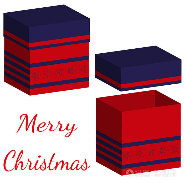 一套切合实际的盒子, 上面有白色背景礼物的盖子。3d. 圣诞及新年设计图。打开和关闭盒在明亮的蓝色和红色。矢量插图