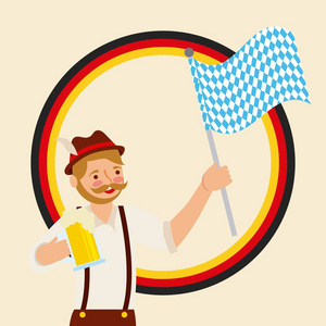 啤酒节德国庆祝贴纸男孩使用帽子举旗和啤酒矢量插图小人举旗天然化妆