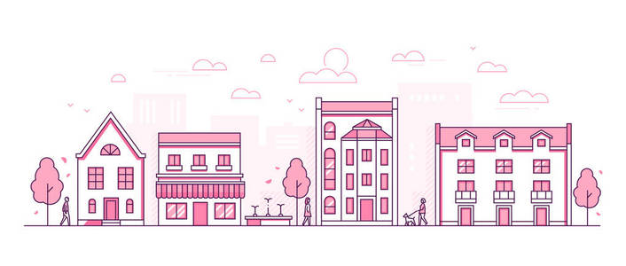 城市街道-现代细线设计风格矢量插画照片