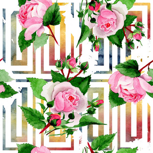 水彩粉红玫瑰花。 花卉植物花。 无缝背景图案。 织物壁纸印花纹理。 背景纹理包装图案框架或边框的水花野花。