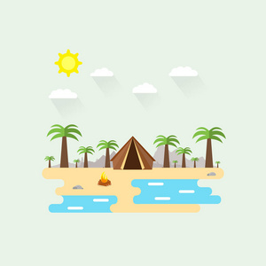 美丽海滩场景的插图。 夏季景观以平坦的风格。 晴天。 背景。 帐篷棕榈树石篝火山沙水