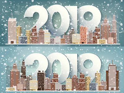 2019. 冬季城市景观。城市与雪。圣诞节和新年。市容.建筑物. 矢量插图。刻字