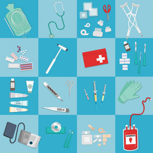 医疗用品急救帮助创造性的概念,医疗矢量卡通设置为保健浅蓝平方板