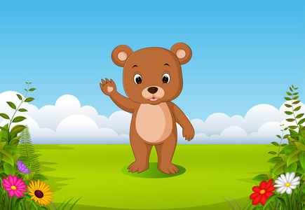 自然景色，一只棕色的小熊挥舞着手