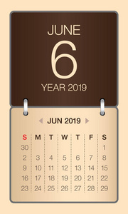 2019年6月每月日历矢量插图简单干净的设计。