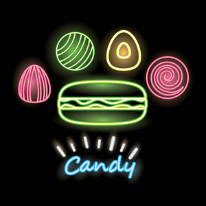 甜糖，杏仁，香芹，霓虹灯，矢量插图