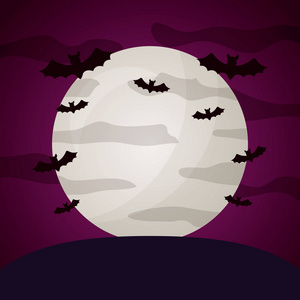 万圣节前夜公墓月亮蝙蝠矢量插图