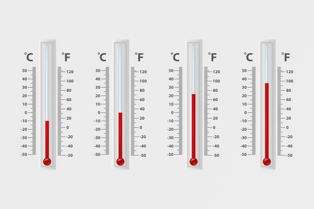 矢量逼真的3d 摄氏度和华氏气象学, 天气温度计符号图标设置特写在白色背景下隔离。剪贴画, 为图形设计模板。温度计用不同的