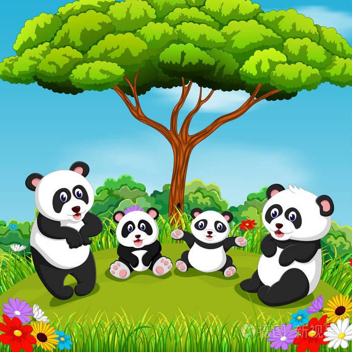 美丽的景色和一些熊猫一起在树下玩耍