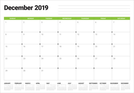 2019年12月办公桌日历矢量插图简单干净的设计。