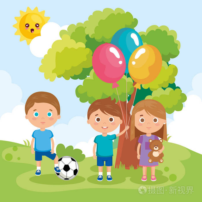 小孩子小组在公园里玩耍插画-正版商用图片12ztrn-摄图新视界