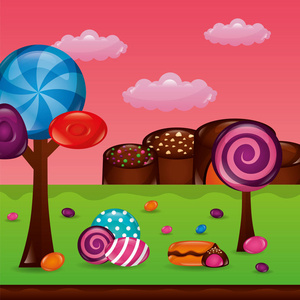 糖果云公园棒棒糖树巧克力片蛋糕矢量插图
