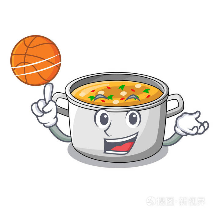 与篮球蔬菜汤与面食在锅卡通
