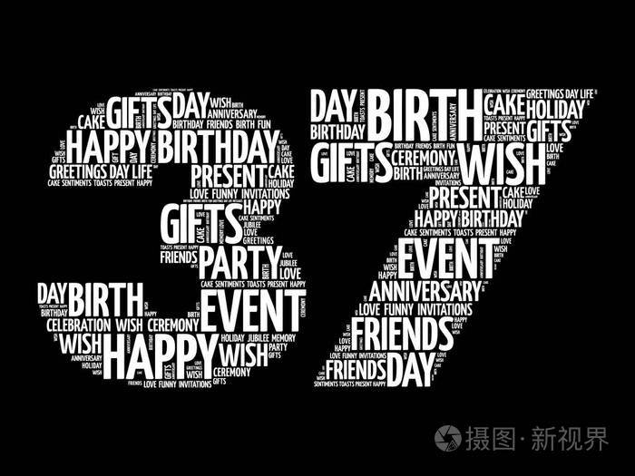 快乐37岁生日词云拼贴概念