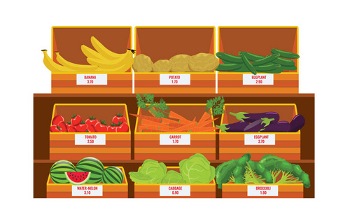 货架上有新鲜的蔬菜品种。木制杂货箱。插图向量。平面色彩设计